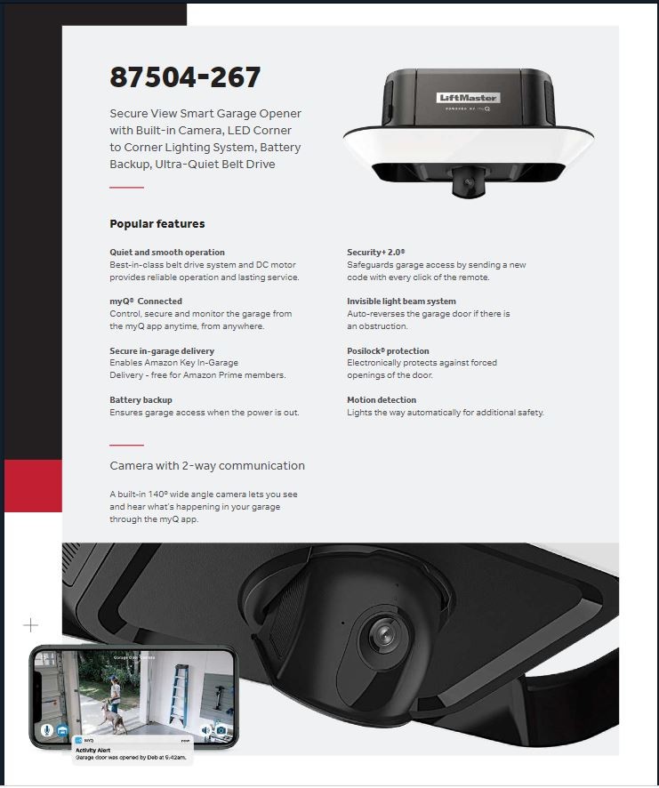 87504-267 Secure View Smart Garage Opener with Built-in Camera, LED Corner to Corner Lighting System, Battery Backup, Ultra-Quiet Belt Drive